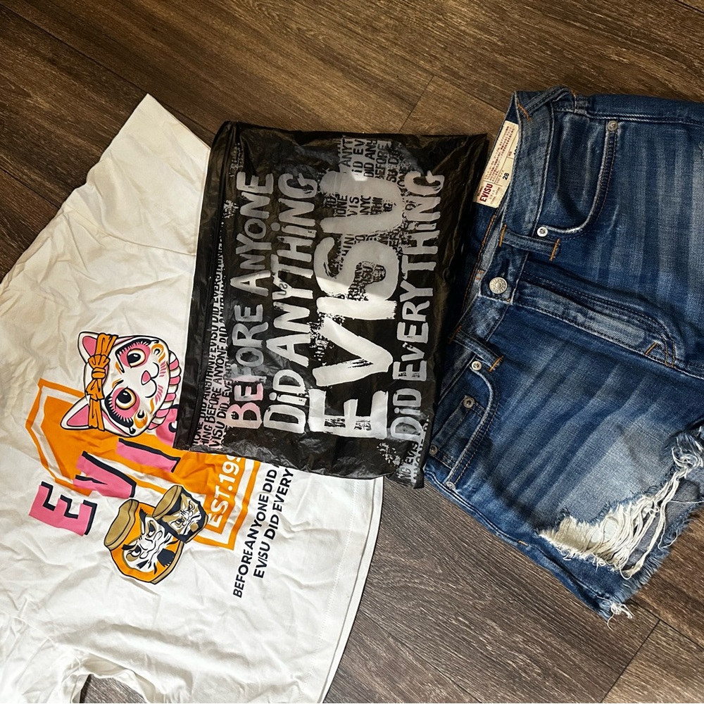 Evisu Graphic Tee and Denim Shorts Set